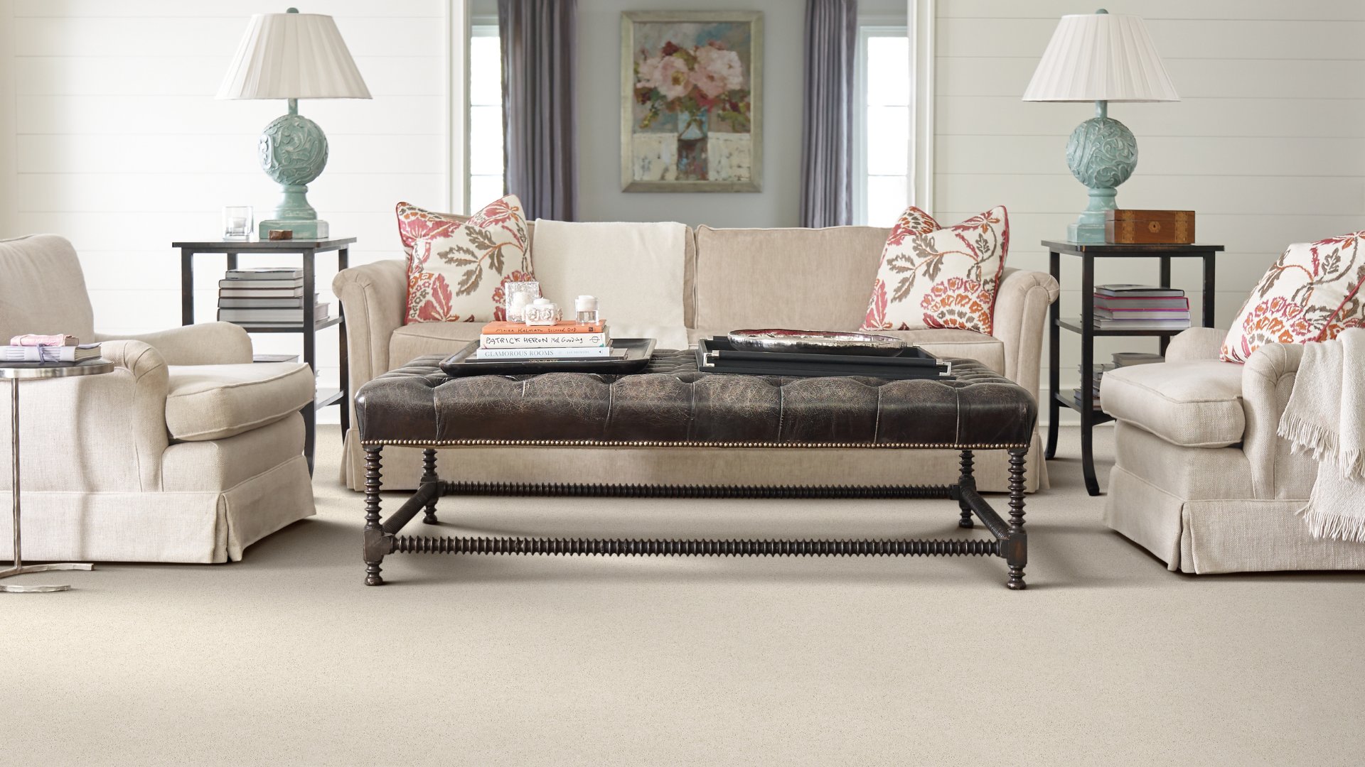 light tan cream neutral carpet in living room with cream sofa and armchairs furniture